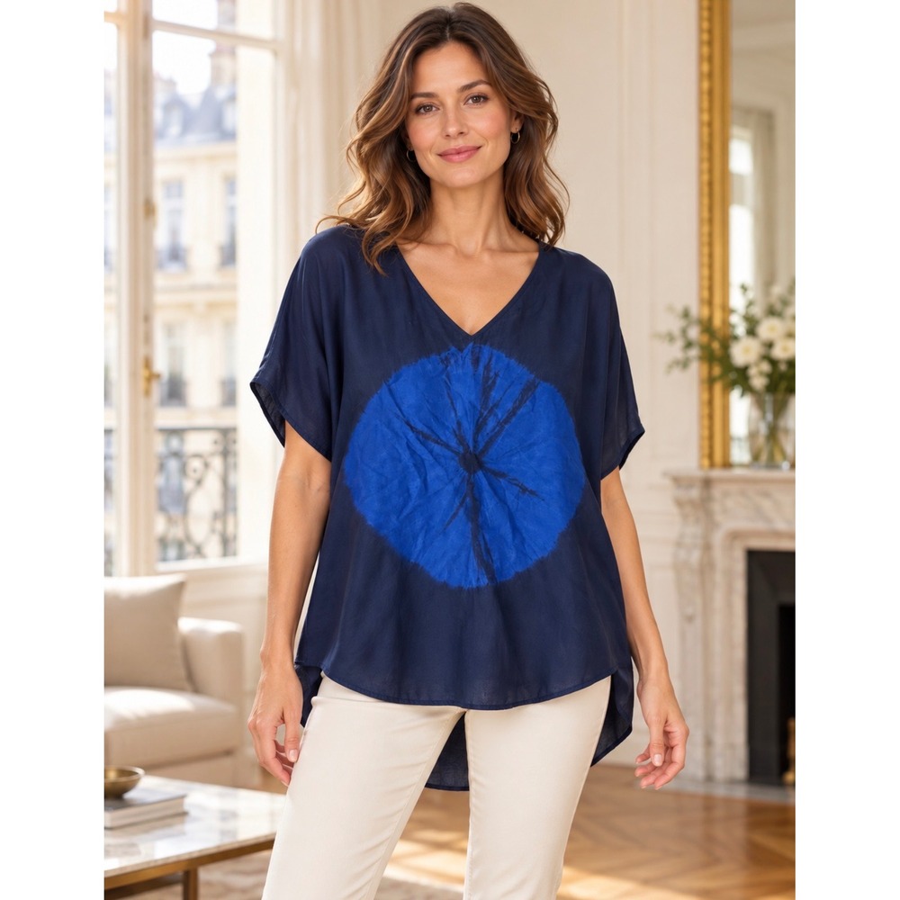 Navy Blue 100% Silk Tie Dye Sunburst V-Neck High-Low Blouse Top Large